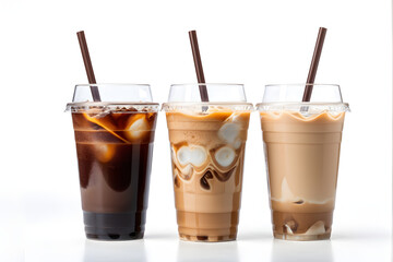 Wall Mural - Drink banner, Set of cold ice coffee, caramel latte coffee and black Americano coffee cold in to go plastic glass with straw and the lid on isolated clipping path clean cut on white background.