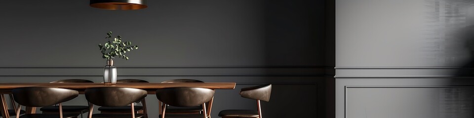 Contemporary dining area with a walnut table, leather chairs, and a minimalist pendant light, set against a dark grey wall