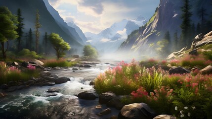 Wall Mural - Panoramic of a mountain river flowing through a valley in summer