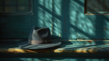 Wall Mural - **Subtle shadow of a hat hanging on a wall against a solid background