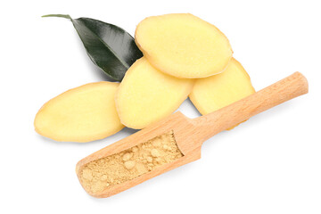 Wall Mural - Slices of fresh ginger root and wooden scoop with dried powder on white background