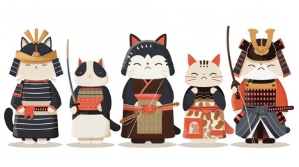 Five cats dressed as samurai warriors, each in unique traditional Japanese armor and weaponry, stand in a row against a white background. The illustration features bold colors and playful details.