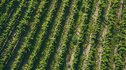 Canvas Print - Top view of grapevines in neat rows, lush greens, detailed vine textures, soft morning light 