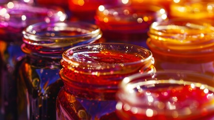 Poster - Artisanal fruit jams in jars, close-up, vibrant colors of contents, detailed jar textures 