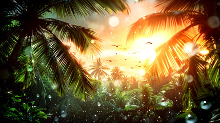 Wall Mural - A tropical scene with palm trees and birds flying in the sky