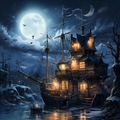 Wall Mural - Illustration of a pirate ship in the forest at night with full moon