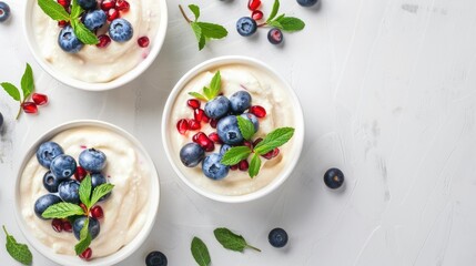 Wall Mural - Delicious semolina pudding with blueberries pomegranate and mint on white table top down view Text space