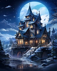 Wall Mural - Fairytale castle in the woods at night with a full moon