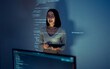 © weedezign - asian woman programmer standing in front of a screen with code projected  presentation the integration of technology and human expertise in software development