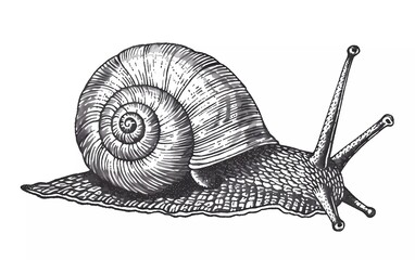 snail engraving illustration, simple line art drawing in vintage look style, white background