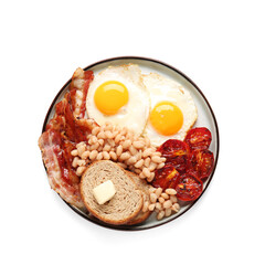 Wall Mural - Plate of tasty English breakfast with fried eggs on white background