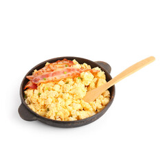 Sticker - Frying pan of tasty scrambled eggs with bacon on white background