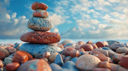 Wall Mural - A stack of rocks on a beach with the ocean in the background