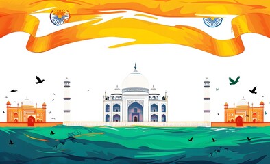 Wall Mural - vector illustration of the Indian flag with taj mahal, Independence Day
