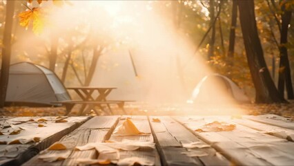 Wall Mural - Blurry camping tents in a wooded setting with a wooden table. Concept Wooded Setting, Camping Tents, Wooden Table, Blurry Background, Outdoor Photography