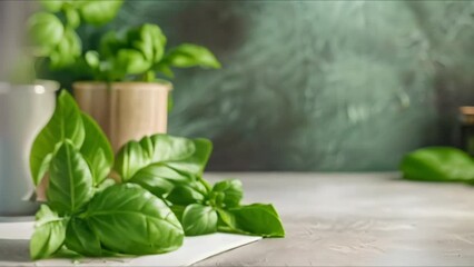 Wall Mural - Basil leaves on white surface with annotations. Concept Basil Leaves, White Background, Food Photography, Culinary Herb, Botanical Illustration