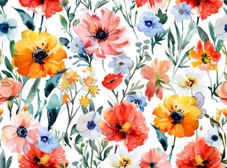 Wall Mural - Watercolor colorful floral seamless pattern, large flowers, white background, bright colors, in the style of various artists