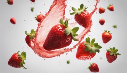 Wall Mural -  view of aesthetic Strawberries and sliced strawberry flying in the air, isolated on white background