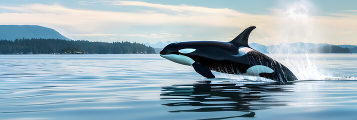 Wall Mural - Horizontal photo of a single young adult Orca Whale breaking the surface within the San Juan Islands on a beautiful summer day. Creative banner. Copyspace image