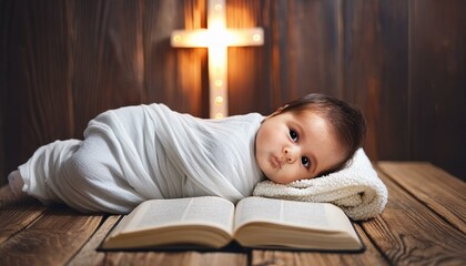 Wall Mural - Little Baby Laying and Resting on The Bible. 