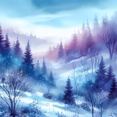 watercolor blue winter landscape of foggy forest hill wild nature frozen misty taiga horizontal watercolor background evergreen coniferous trees in snowfall