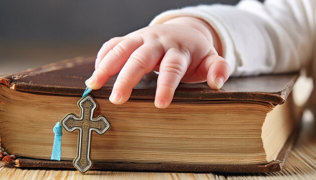 The Hand of Baby Resting On The Bible. Baby With Old Book. 