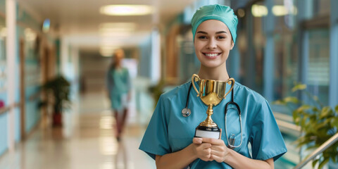 respected professional smiling happy female doctor in a blue coat holding a trophy award prize in ho