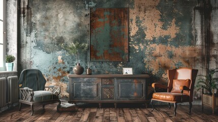 A vintage living room with distressed walls, wooden floors, and two comfortable armchairs. The room is decorated with a large painting, a vase, and a small photo frame on a distressed wooden cabinet.