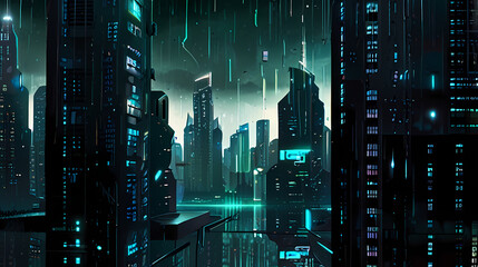 Wall Mural - Create a background illustration featuring a digital rain effect in a futuristic cityscape inspired by the Matrix