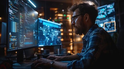 Concentrated Programmer Working Late at Night