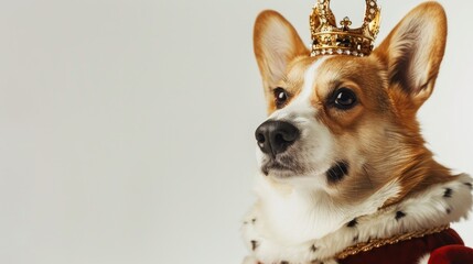 Cute corgi in royal attire on white background with space for text