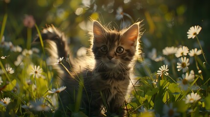 Wall Mural - A kitten exploring a flowering meadow