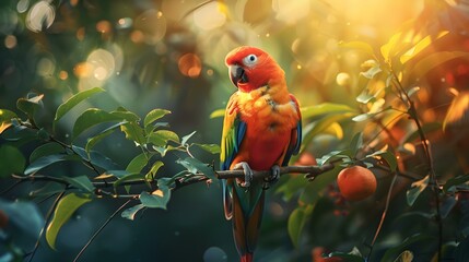 Wall Mural - A parrot chirping cheerfully on a tree