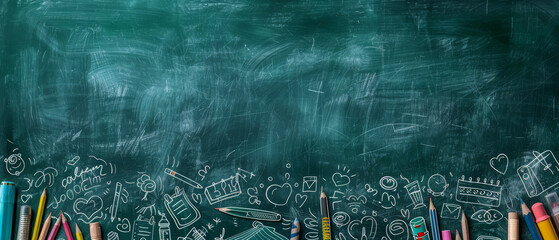 A green chalkboard with white chalk drawings of school supplies, including pencils, a heart, a notebook, a book, a calendar, and a flower. Back to school