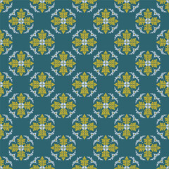 Poster - Seamless pattern with hand drawn golden classic floral rosette motifs on a teal background