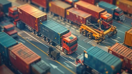 Wall Mural - Aerial panoramic view of a large scale logistics hub with cargo containers being loaded and unloaded from semi trucks