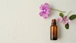 © AkuAku - White background with a brown bottle containing essential oil and a pink violet flower empty space for text