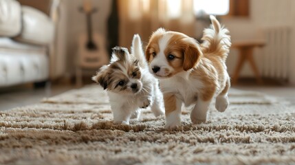 Wall Mural - A kitten and puppy happily chasing each image