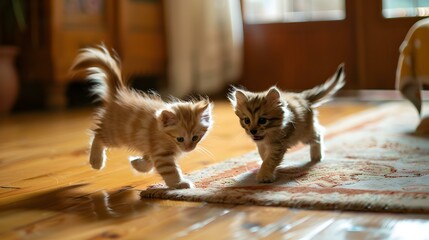 Wall Mural - A kitten and puppy happily chasing each