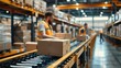 © Intelligent Horizons - Busy interior of an e commerce fulfillment warehouse with employees packaging and shipping merchandise showcasing the logistics and behind online retail distribution