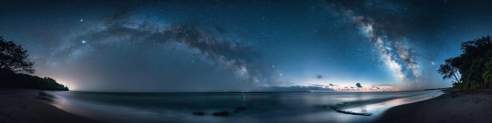 A tranquil, starry night over a seaside shoreline, with the Milky Way visible in the night sky.
