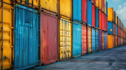 Wall Mural - Vibrant Stacked Shipping Containers at a Bustling Port Facility   Colorful Freight Cargo Logistics and Transportation Infrastructure at an Industrial Warehouse or Depot