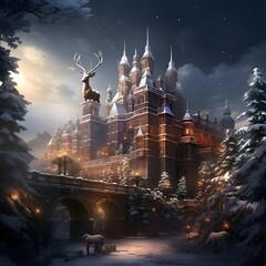 Wall Mural - Beautiful winter landscape with a castle in the forest and a deer