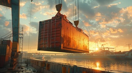 Wall Mural - A massive shipping container being hoisted high into the air by a towering industrial crane at a busy dockside seaport as the sun sets over the harbor