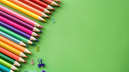 Canvas Print - Colorful pencil set arranged with school supplies on green background