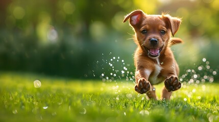 Wall Mural - A puppy happily running across a green