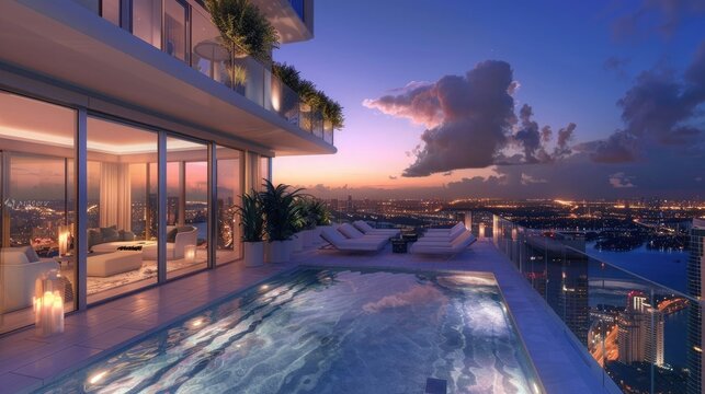 Impressive luxury penthouse terrace with a swimming pool overlooking Miami, generative AI