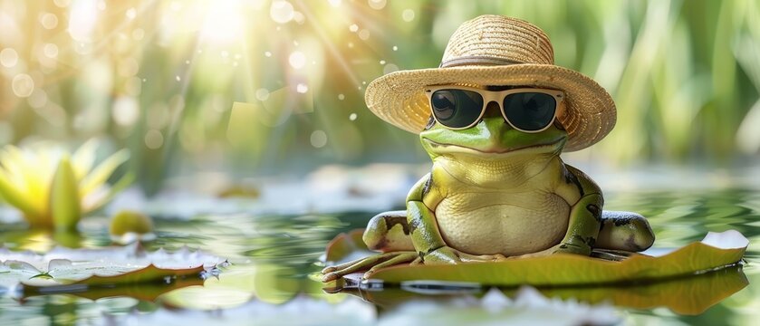 Cool frog wearing sunglasses and a hat, relaxing in a pond.