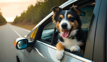 A dog is looking outside from a car window while travelling during a summer holiday road trip