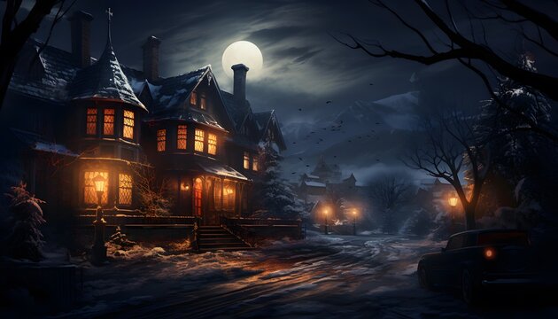 Houses in the winter forest at night with a full moon.